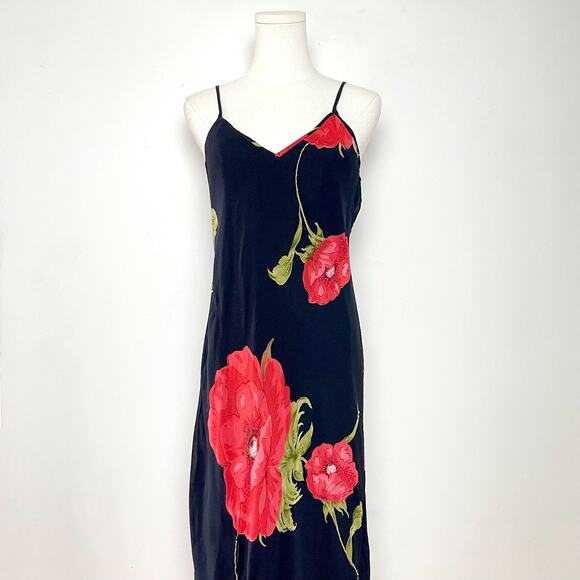 Vintage NWT 90s Y2K Black Red Floral Fairy Beaded Maxi Slip Dress Sz L - Picture 2 of 10